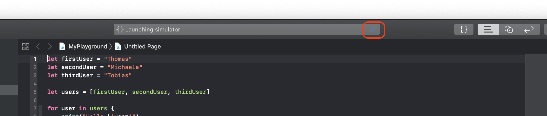 Ist eine andere als die Standard-Toolchain in den Xcode-Einstellungen ausgewählt, zeigt die Toolbar ein entsprechendes Symbol an.