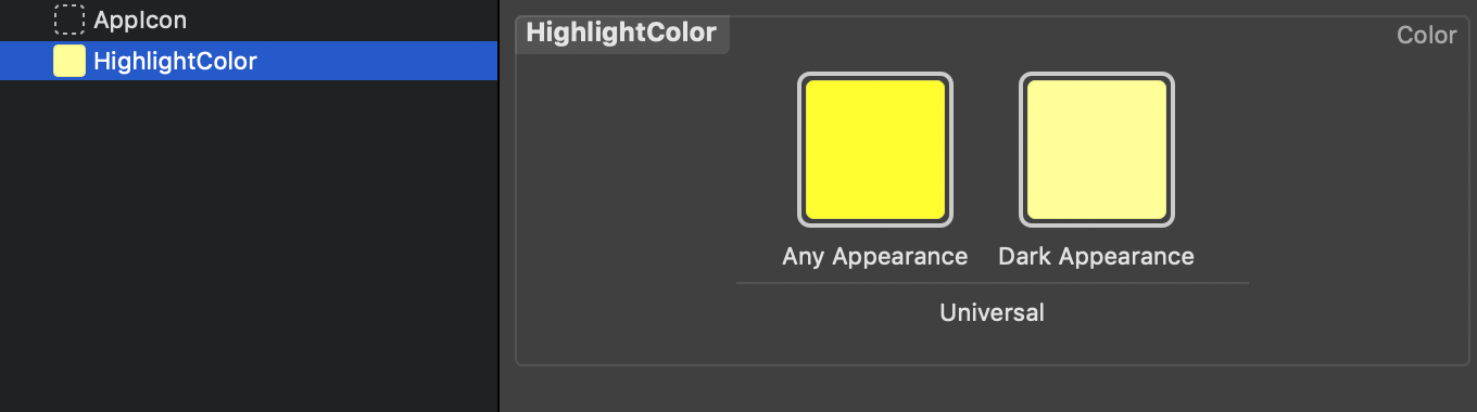 Mithilfe von Asset Catalogs können sich eigene Dynamic Colors erstellen lassen, die über zwei unterschiedliche Farben für den Light und Dark Mode verfügen.